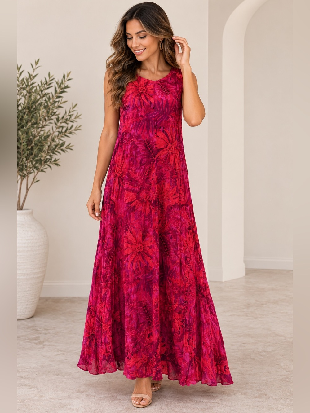 ROUGE Women’s M Pink Tropical Floral Maxi Dress Sleeveless Boho Botanical